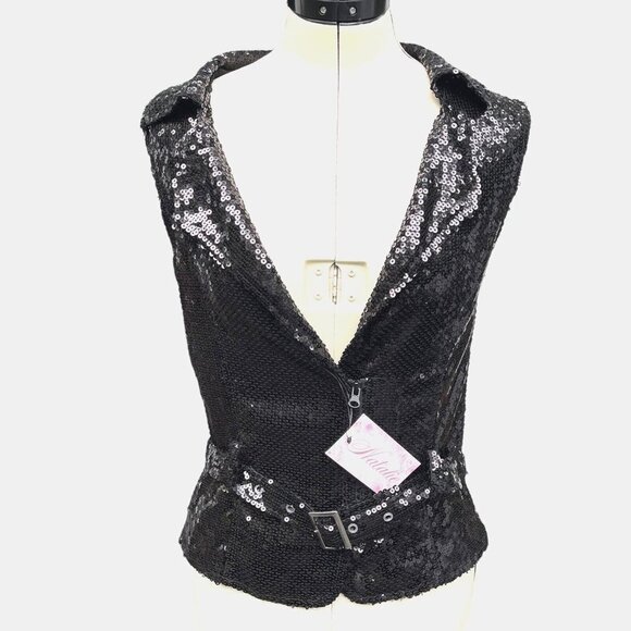 NATALIE DANCE WEAR Sequined Vest w/Lapels & Belt Women's S/Med Black Theater NWT - Picture 5 of 16